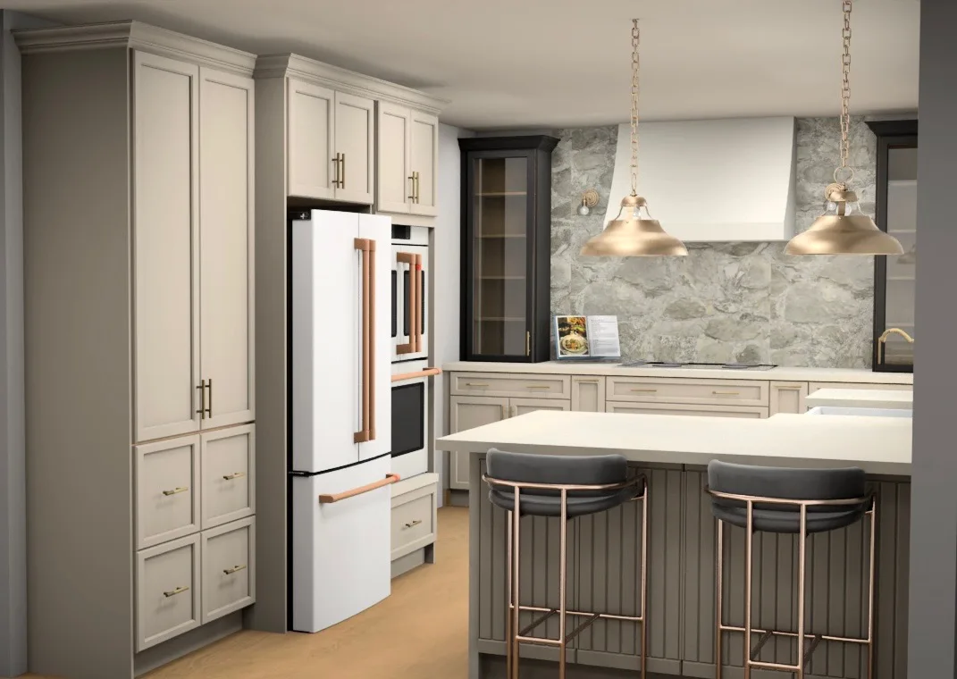 A computer-generated design of a kitchen featuring light grey cabinetry, a white fridge with copper handles, mid-century bar stools, and two pendant lights.